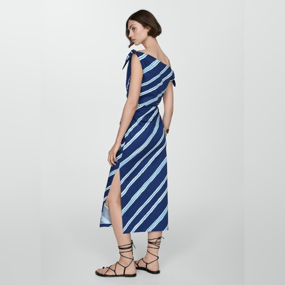 Mango One Shoulder Blue Striped dress with bare shoulders NWT - Picture 4 of 4